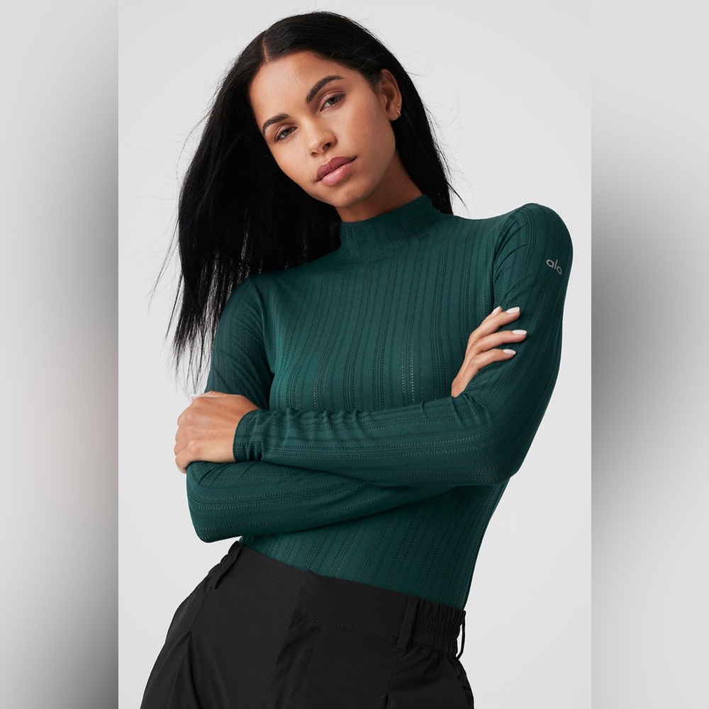 Alo Yoga Euphoria Midnight Green Ribbed Long Sleeve bodysuit NWT